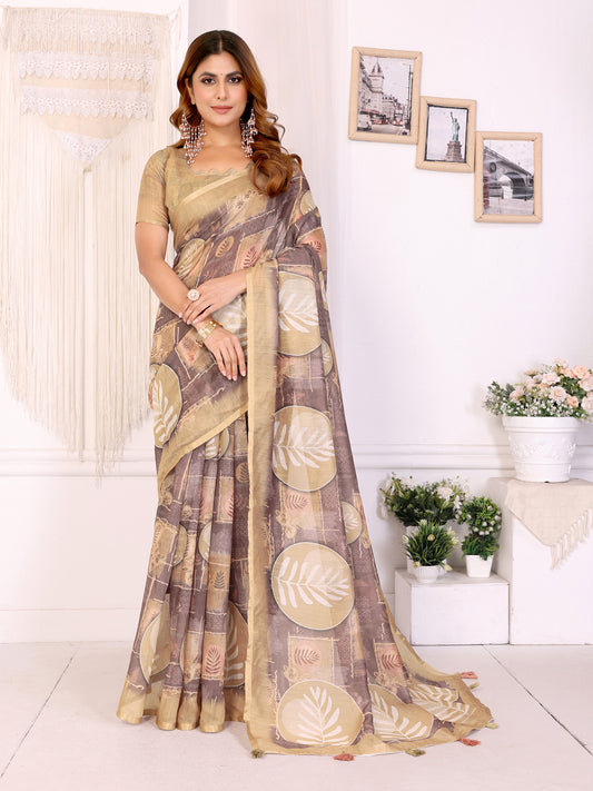 Elegant White Chanderi Saree With Digital Leaf Print For Women
