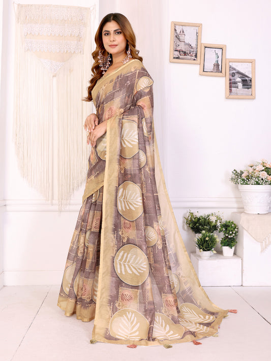 Elegant White Chanderi Saree With Digital Leaf Print For Women