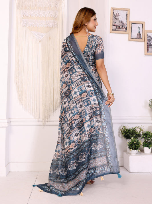 Stylish White Chanderi Saree With Digital Geometric Print For Women