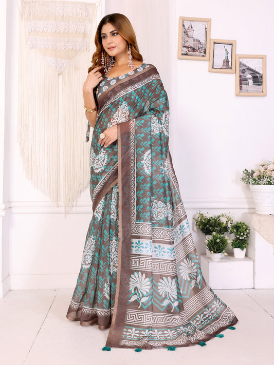 Elegant Chanderi Saree With Floral & Geometric Digital Print For Women