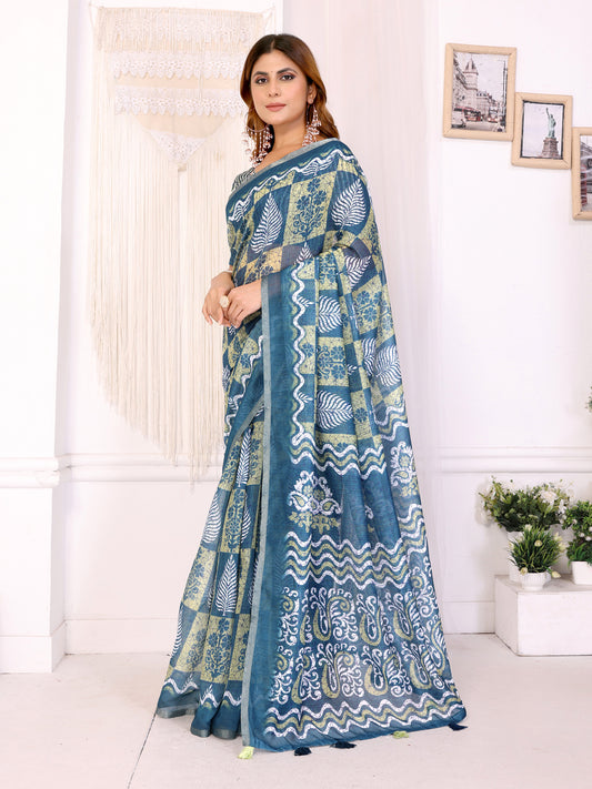 Stylish Chanderi Saree With Leaf & Abstract Digital Print For Women