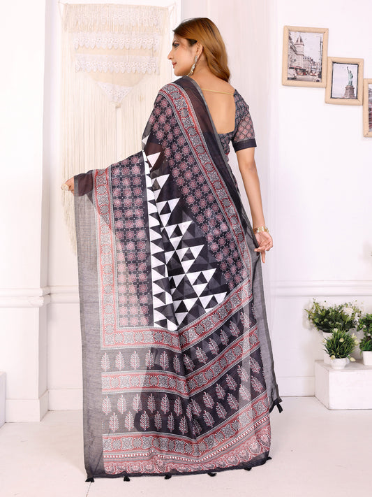 Black & Maroon Geometric Printed Chanderi Saree For Women