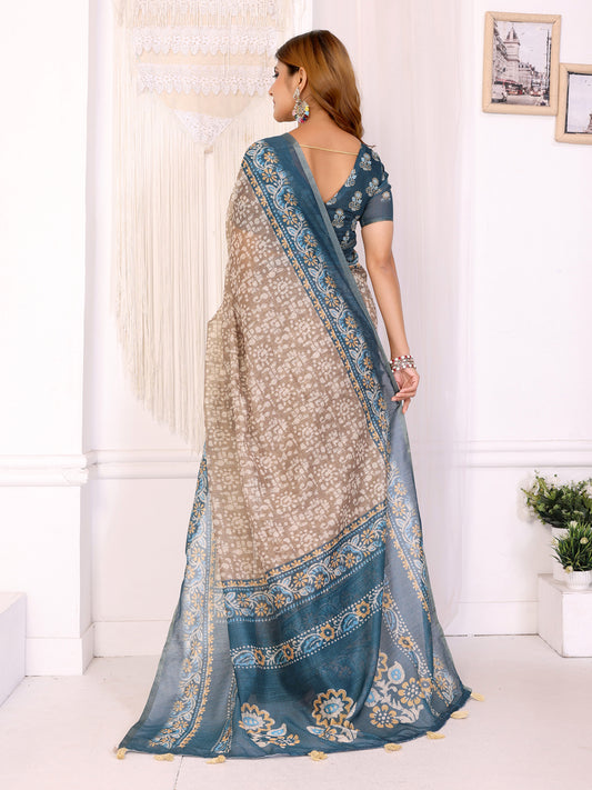 Beige & Teal Ethnic Motif Printed Chanderi Saree For Women