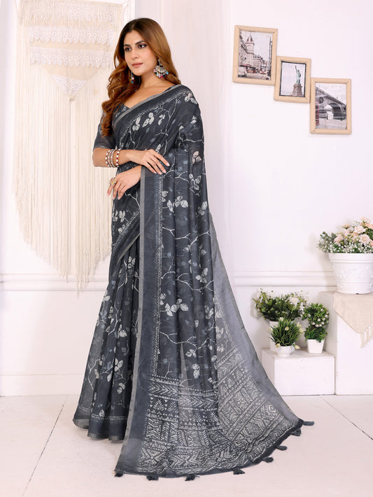 Charcoal Grey Floral Printed Chanderi Saree For Women