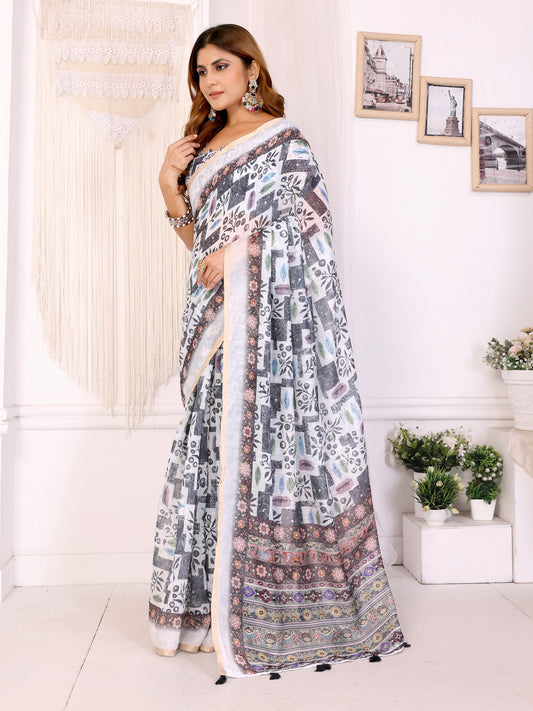 White & Black Multi-Pattern Digital Printed Chanderi Saree For Women
