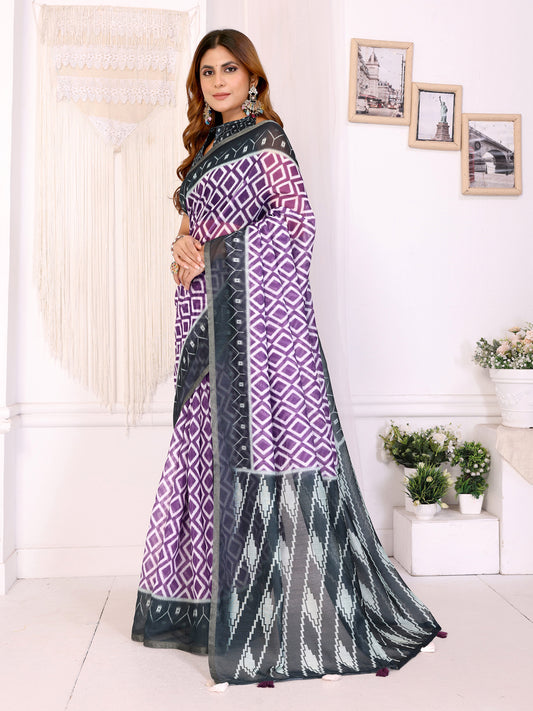 Purple & Black Ikat Printed Chanderi Saree For Women