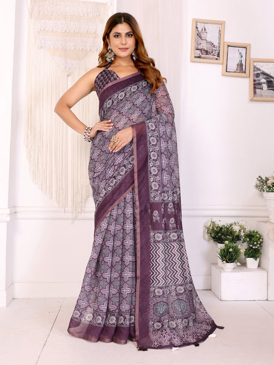 Wine Purple Traditional Printed Chanderi Saree For Women