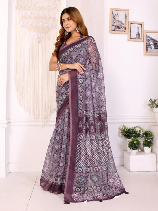 Wine Purple Traditional Printed Chanderi Saree For Women