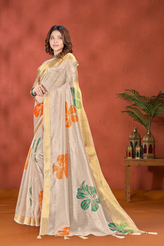 Beige Soft Silk Saree With Bold Floral Print & Golden Zari Border For Women