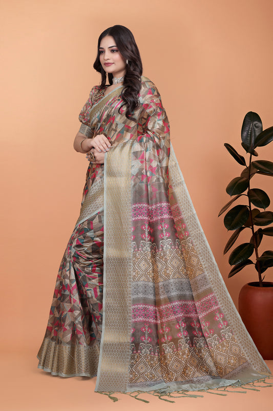 Golden Beige Soft Silk Saree With Geometric Weave & Pink Ornamental Pallu For Women