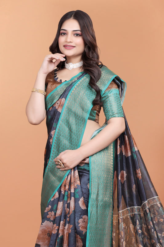 Midnight Blue Soft Silk Saree With Peach Floral Print & Aqua Zari Border For Women