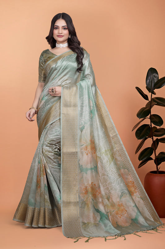 Pastel Green Soft Silk Saree With Floral Digital Print & Golden Zari Border For Women