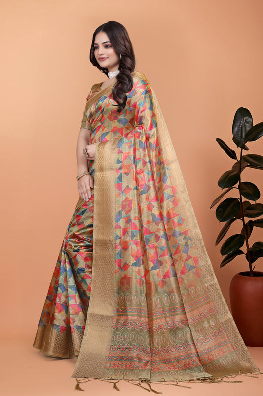 Golden Multicolor Soft Silk Saree With Geometric Weave & Ornate Pallu For Women
