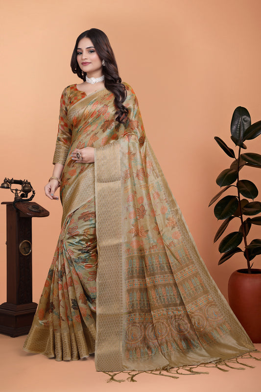 Golden Beige Soft Silk Saree With Autumn Leaf Print & Traditional Pallu For Women
