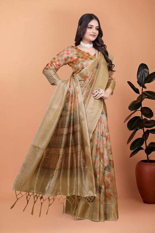 Golden Beige Soft Silk Saree With Autumn Leaf Print & Traditional Pallu For Women