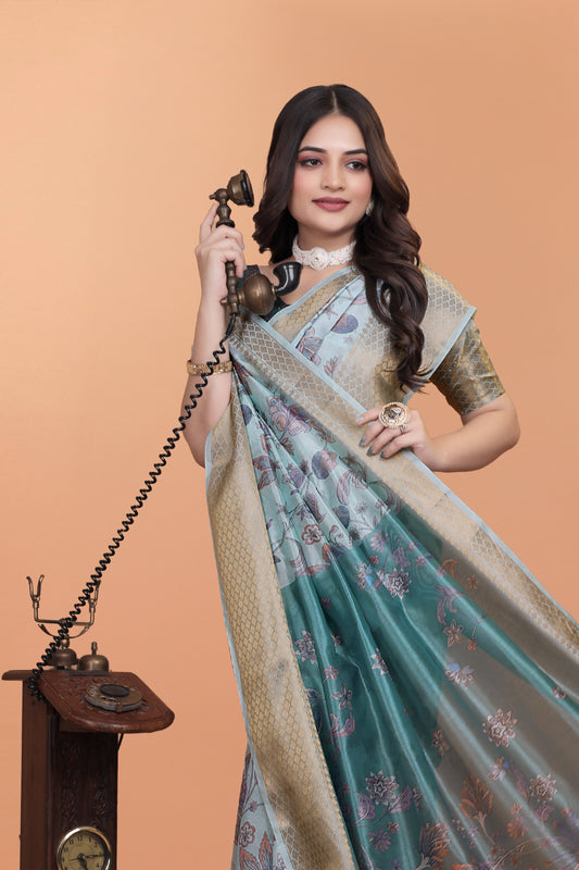 Pastel Blue & Teal Soft Silk Saree With Floral Weaving For Women