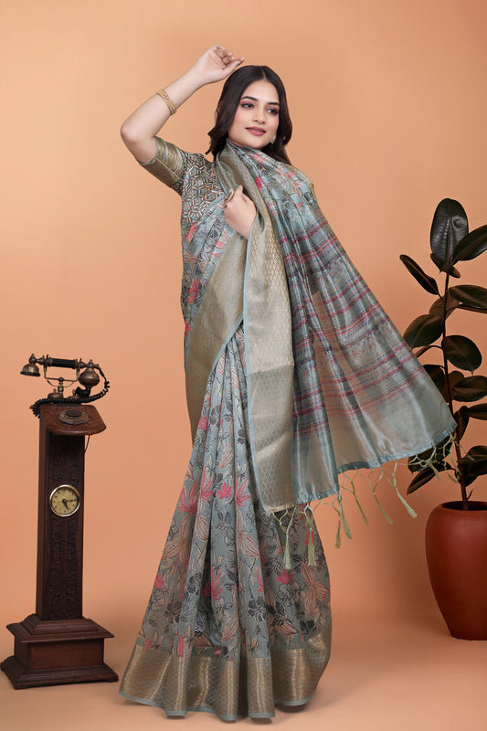 Soft Blue-Green Floral Printed Silk Saree With Zari Border For Women