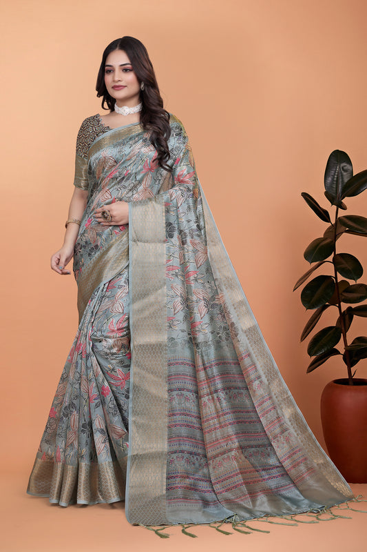 Soft Blue-Green Floral Printed Silk Saree With Zari Border For Women
