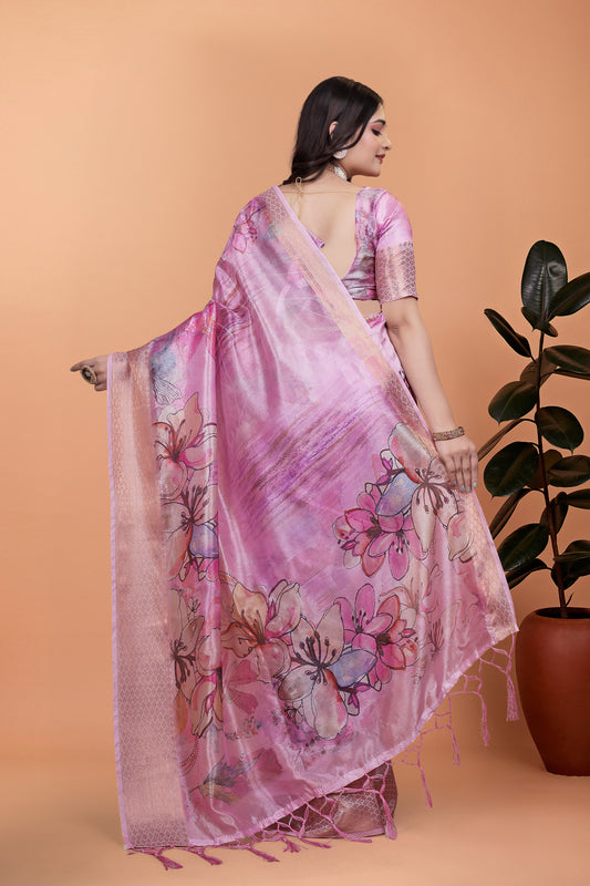 Baby Pink Soft Silk Saree With Floral Digital Print & Copper Zari Border For Women