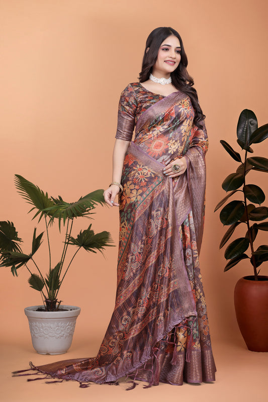 Lavender Soft Silk Saree With Copper Zari Border & Floral Pallu For Women