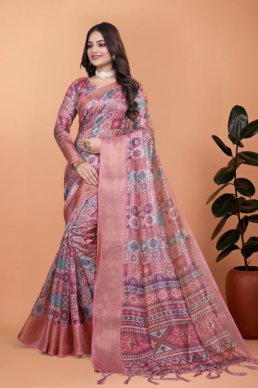 Pink Soft Silk Saree With Copper Zari Border & Multicolor Pallu For Women