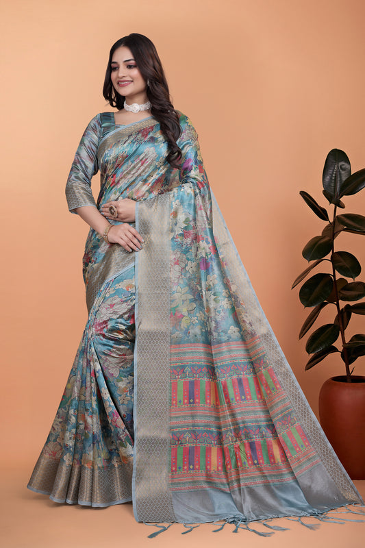 Sky Blue Floral Soft Silk Saree With Multicolor Pallu For Women