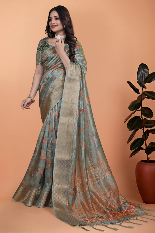 Sage Green Soft Silk Saree With Elegant Floral Prints & Rich Pallu For Women