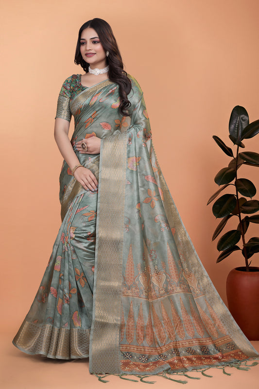 Sage Green Soft Silk Saree With Elegant Floral Prints & Rich Pallu For Women