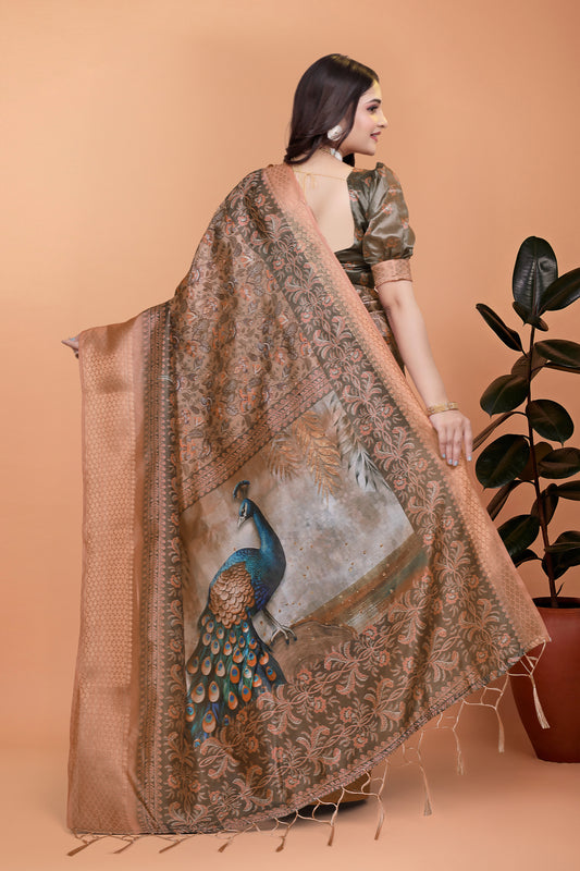 Bronze & Olive Green Soft Silk Saree With Majestic Peacock Pallu For Women