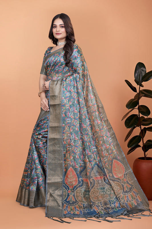 Grey & Multicolor Soft Silk Saree With Ethnic Pallu For Women