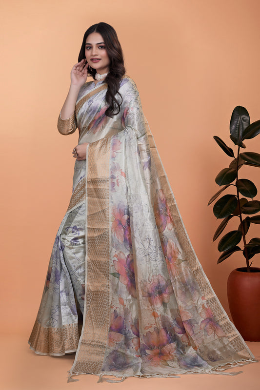 Elegant Beige Soft Silk Saree With Multicolor Floral Print & Golden Zari Border For Women