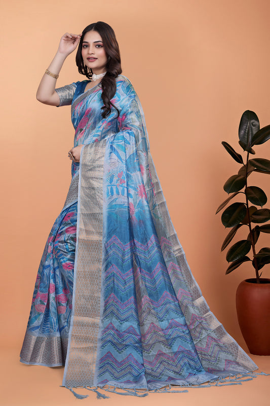 Sky Blue Floral Printed Soft Silk Saree With Zari Border For Women