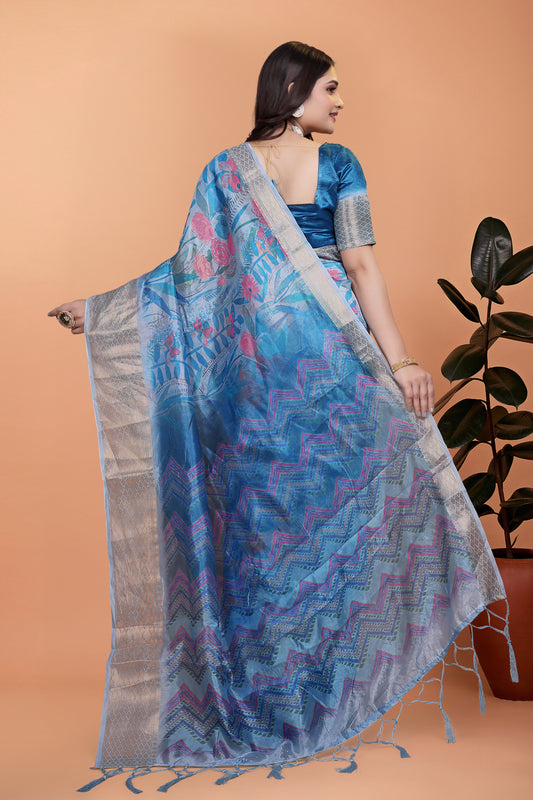 Sky Blue Floral Printed Soft Silk Saree With Zari Border For Women