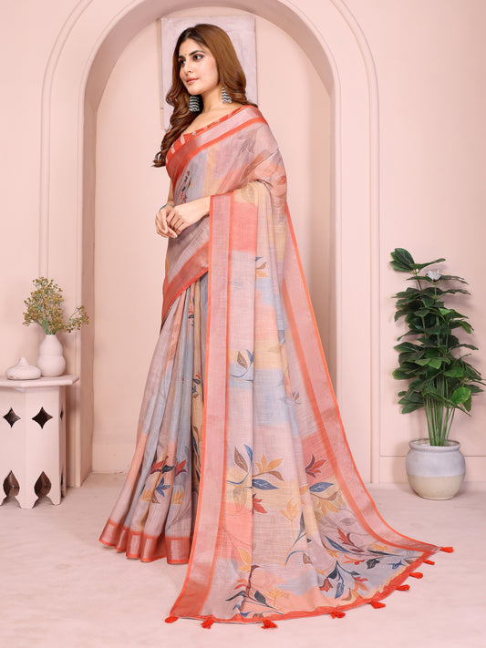 Elegant Linen Cotton Saree With Subtle Leaf Motifs For Women