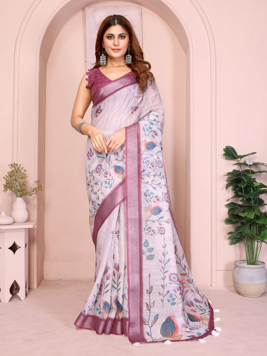 Elegant Linen Cotton Saree With Floral Motifs For Women