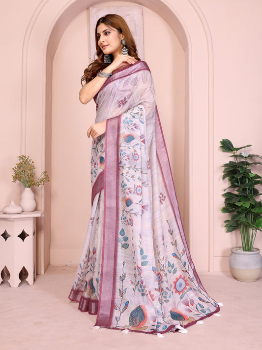 Elegant Linen Cotton Saree With Floral Motifs For Women