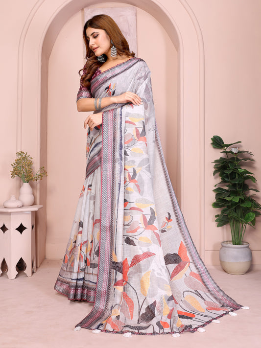 Elegant Linen Cotton Saree With Autumn Leaf Print For Women