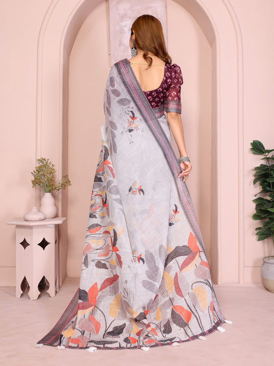 Elegant Linen Cotton Saree With Autumn Leaf Print For Women