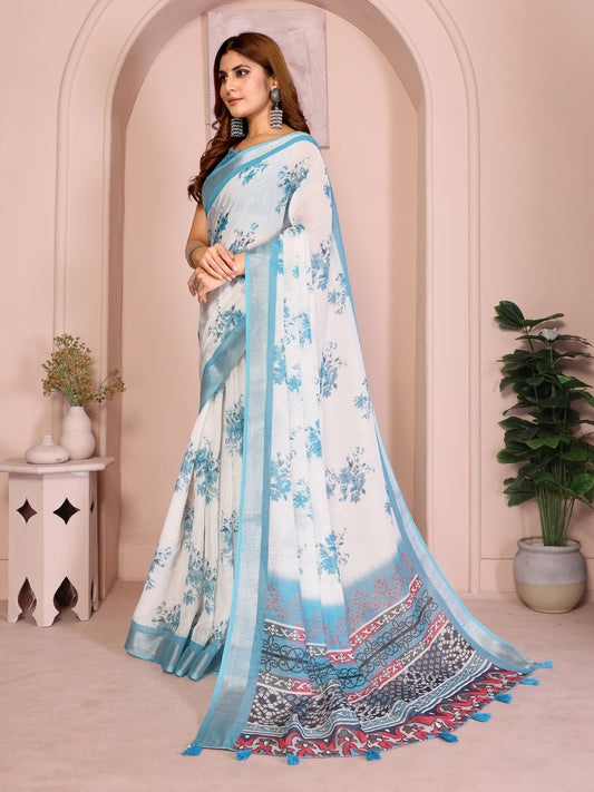 White And Sky Blue Linen Cotton Saree With Artistic Pallu For Women