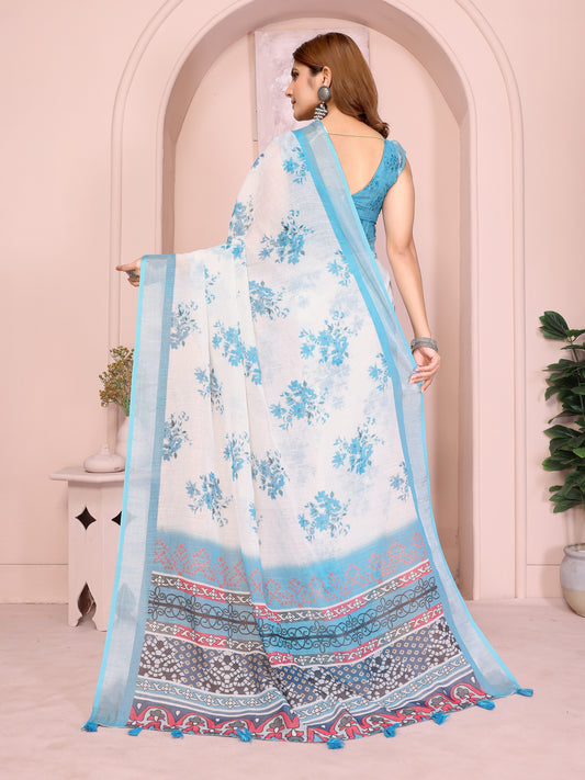 White And Sky Blue Linen Cotton Saree With Artistic Pallu For Women