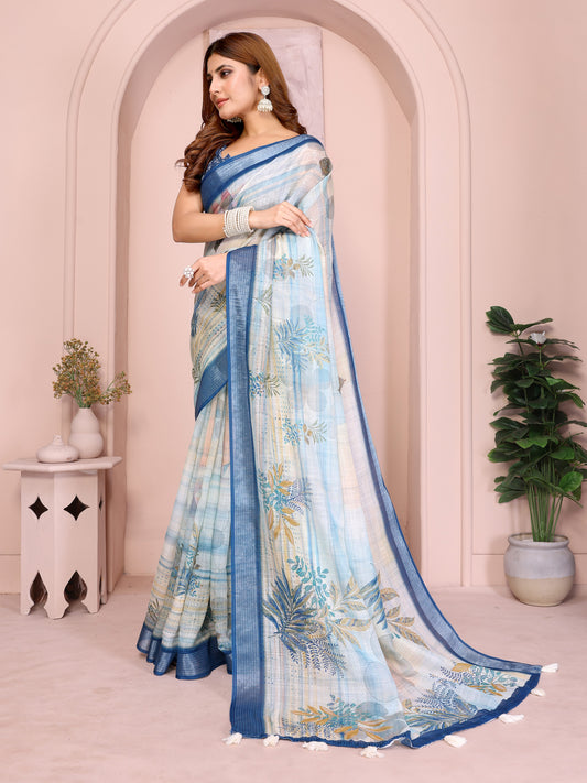 Pastel Blue Linen Cotton Saree With Tropical Leaf Prints For Women
