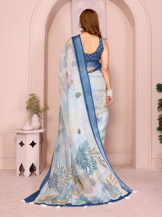 Pastel Blue Linen Cotton Saree With Tropical Leaf Prints For Women