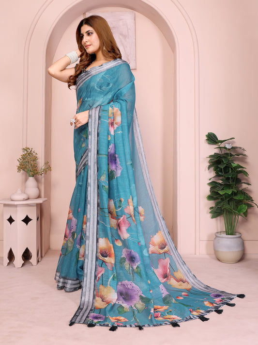 Teal Linen Cotton Saree With Multicolor Floral Prints For Women