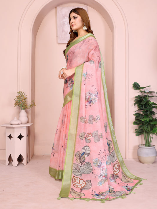 Graceful Linen Cotton Saree With Pastel Floral Elegance For Women
