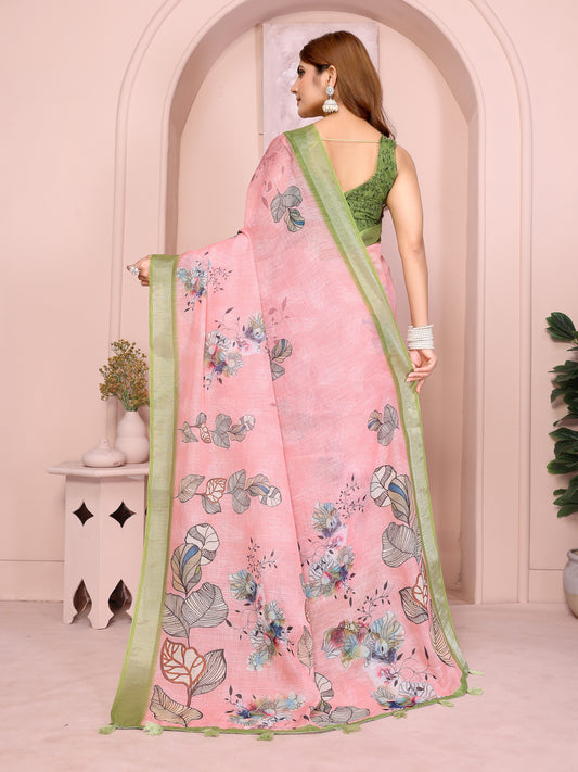 Graceful Linen Cotton Saree With Pastel Floral Elegance For Women