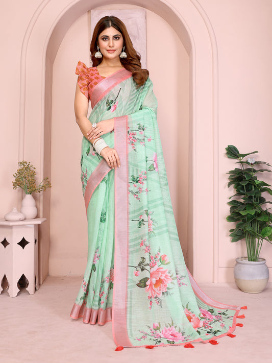 Refreshing Mint Green Linen Cotton Saree With Pink Floral Prints For Women