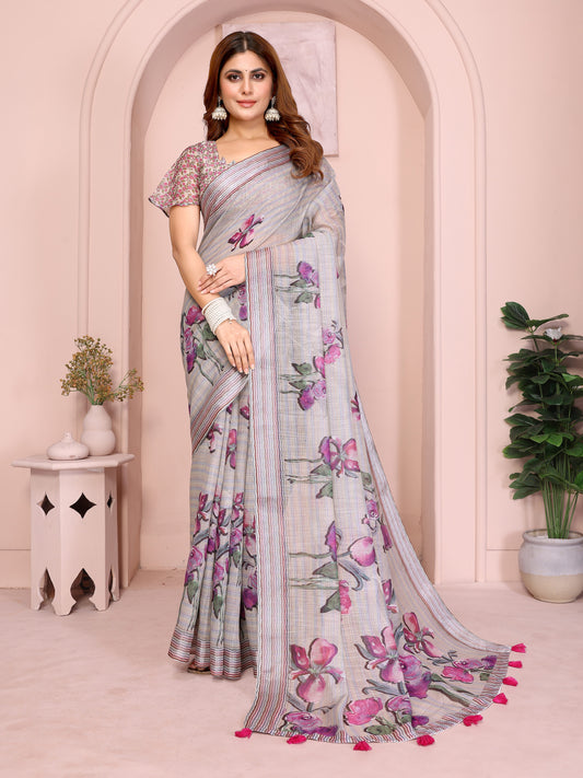 Soft Grey Linen Cotton Saree With Purple Floral Prints For Women