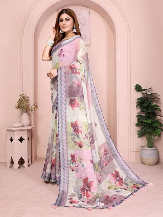 Pastel Multi-Tone Linen Cotton Saree With Artistic Floral Prints For Women