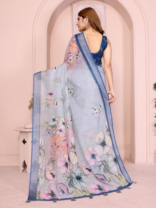 Elegant Steel Blue Linen Cotton Saree With Pastel Floral Prints For Women