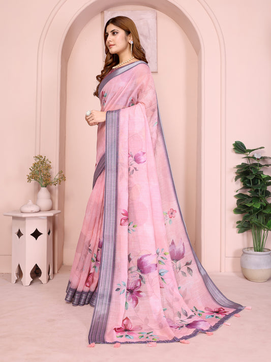 Soft Pink Linen Cotton Saree With Elegant Floral Prints For Women